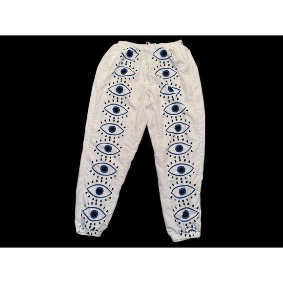 White Evil Eye Joggers Witchy Boho Whimsygoth Streetwear Festival Pants XL - Picture 3 of 12